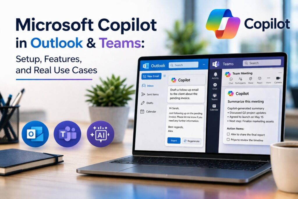 Microsoft Copilot interface in Outlook and Teams showing email drafting and meeting summary features