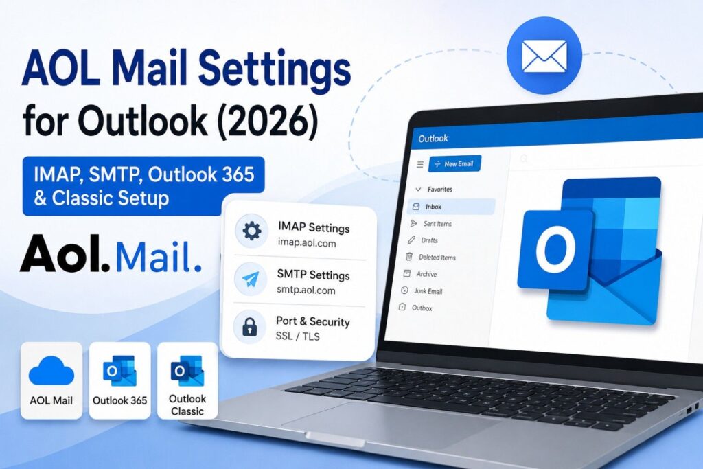 AOL Mail settings for Outlook 365 and Outlook Classic showing IMAP, SMTP server configuration and email setup guide for 2026.