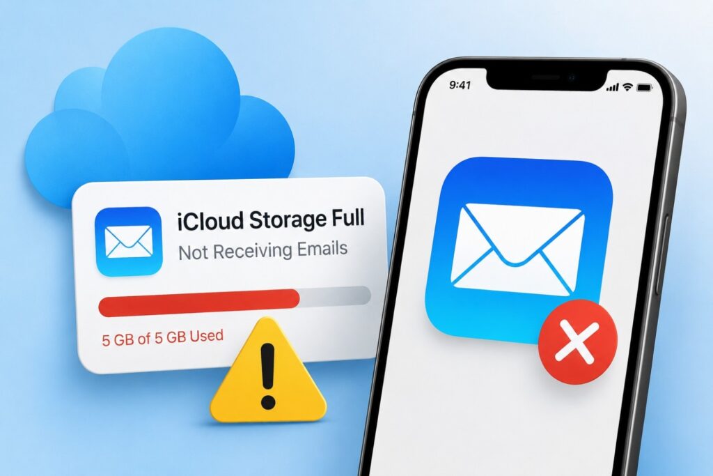 Illustration of an iPhone showing iCloud storage full preventing new emails from being received.