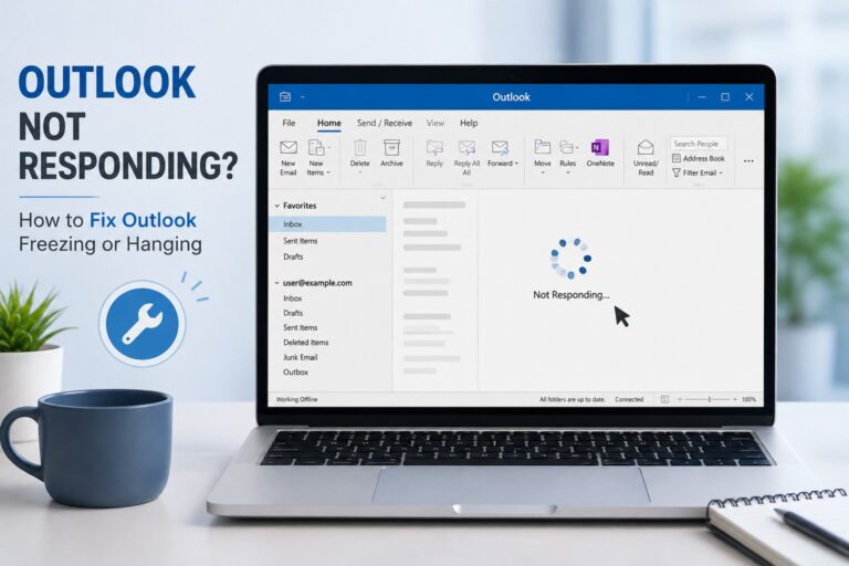 Laptop screen showing Microsoft Outlook frozen and not responding, with troubleshooting icons