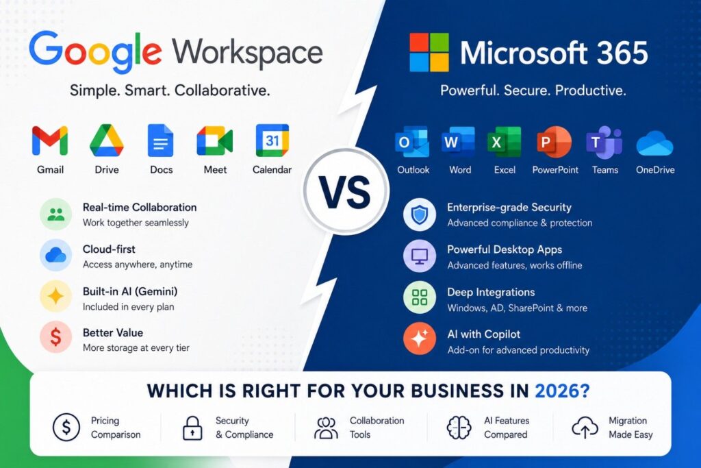 Google Workspace vs Microsoft 365: Which Is Right for Your Business in 2026? 3 Google Workspace vs Microsoft 365 comparison showing Gmail, Google Drive, Outlook, OneDrive, pricing, AI features, security, and collaboration tools for businesses in 2026.
