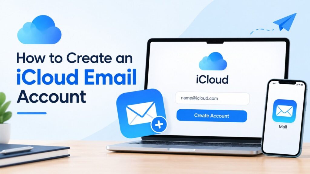 How to Create an iCloud Email Account 4 Step-by-step screens showing how to create an iCloud email account on iPhone
