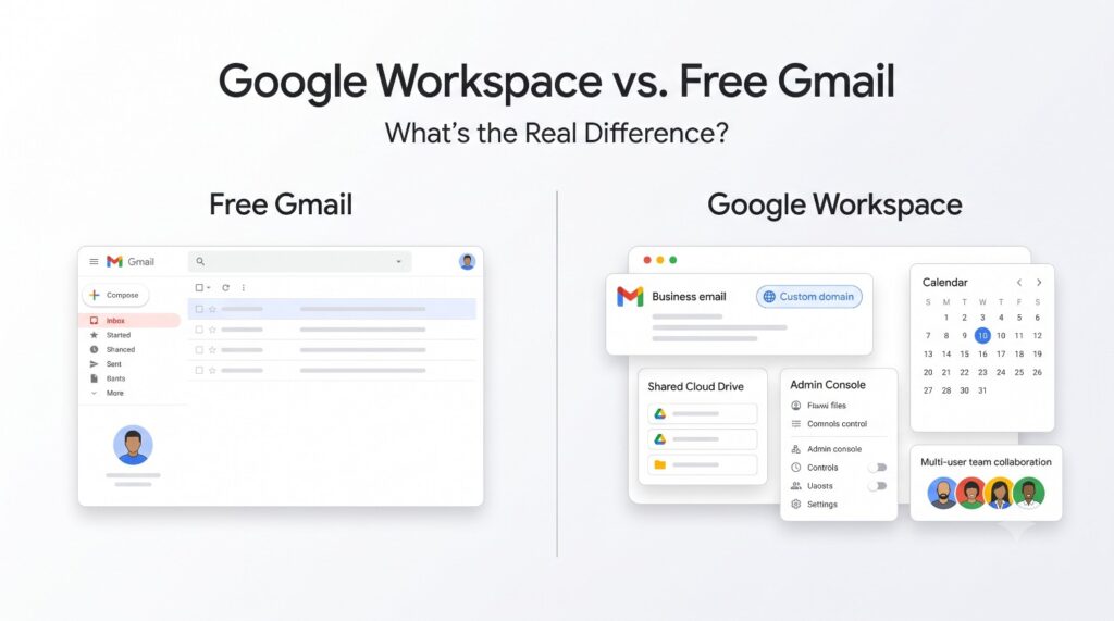 Google Workspace vs. Free Gmail: What's the Difference? 3 Google Workspace vs Free Gmail comparison showing personal email and business productivity features
