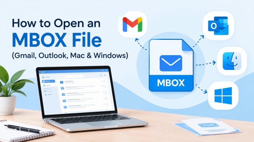 Steps showing how to open an MBOX file on Mac, Windows, Gmail, and Outlook